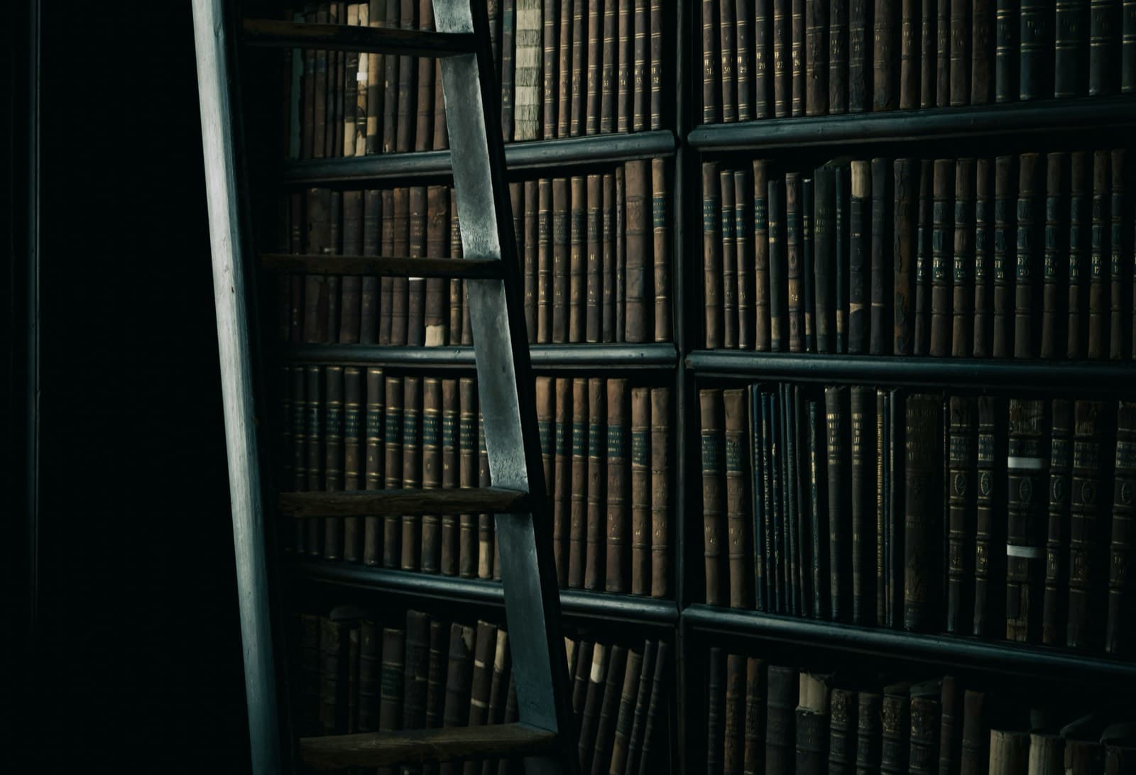 Escada apoiada em estantes de uma biblioteca antiga